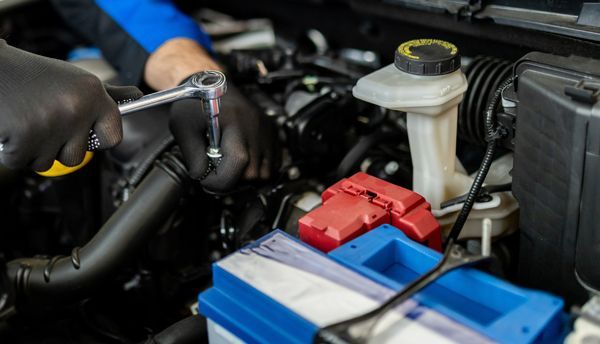 Mechanic working on car engine, using a wrench. Black gloves visible.