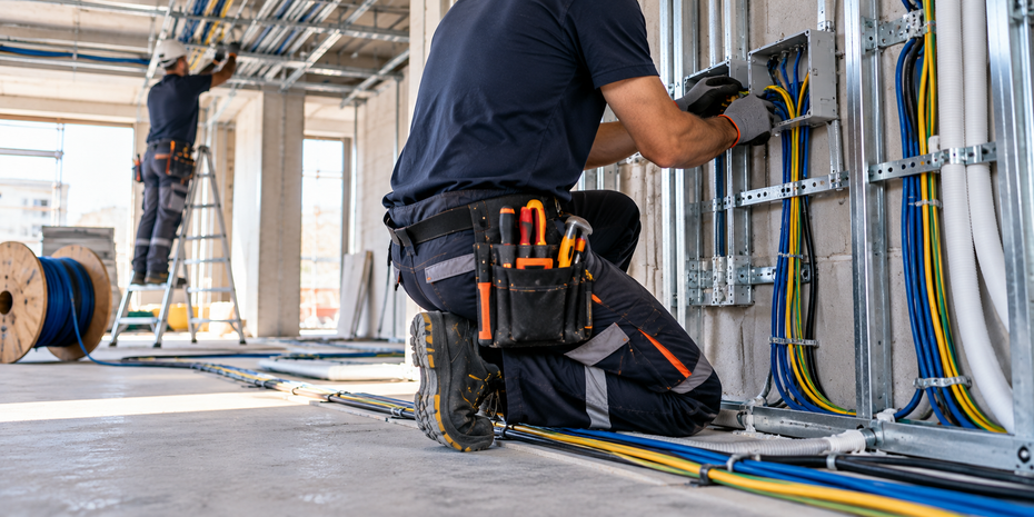 Elettricista inginocchiato davanti a un quadro elettrico, mentre collega i cavi all’interno di un cantiere.