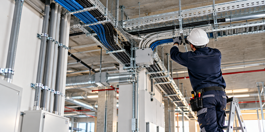 Operaio con casco protettivo mentre installa canaline elettriche sospese in un cantiere edile