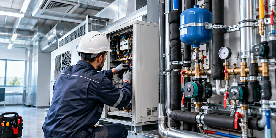 Tecnico che ispeziona attrezzature industriali in un locale tecnico con tubi, manometri e pannelli di controllo