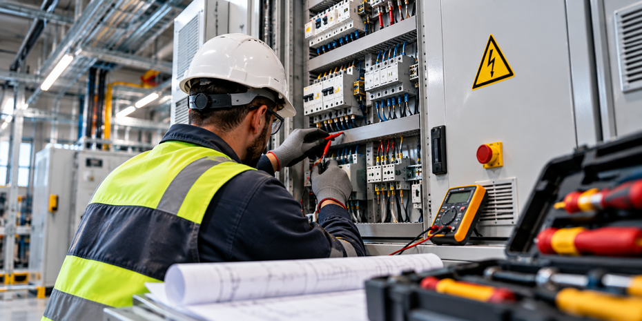 Un operaio con giubbotto ad alta visibilità e casco antinfortunistico ispeziona un quadro elettrico industriale in una fabbrica