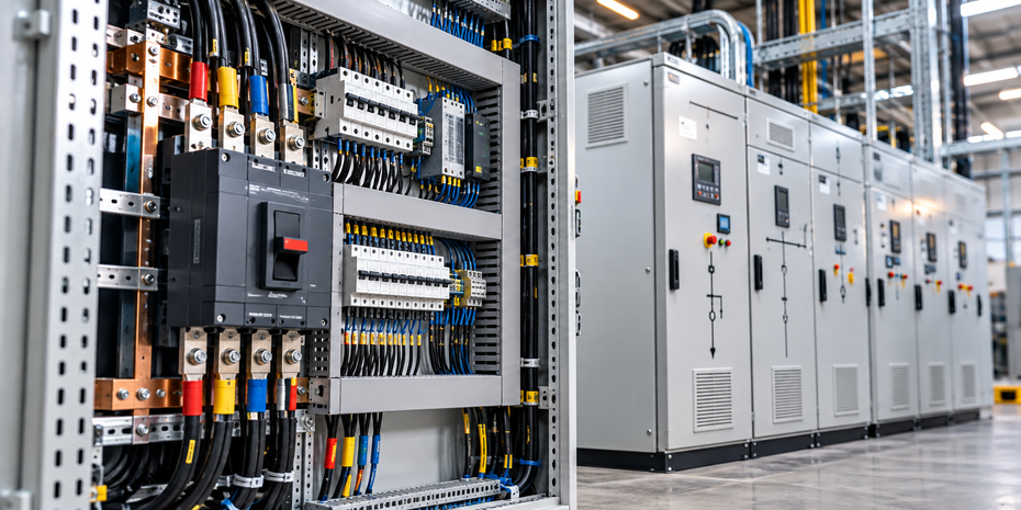 Quadri elettrici industriali e cablaggi in una sala macchine di fabbrica.