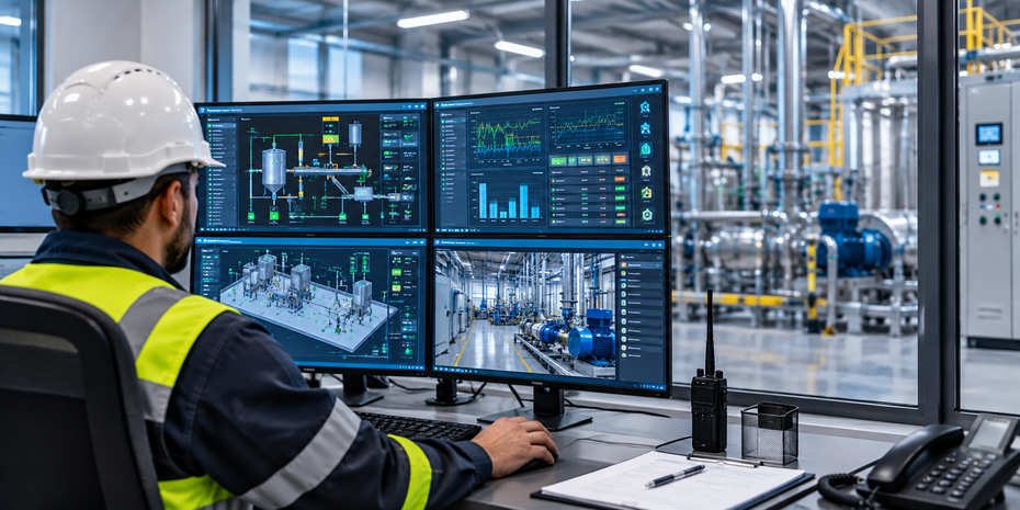 Tecnico che monitora gli schermi di controllo industriale in una moderna sala di controllo di uno stabilimento