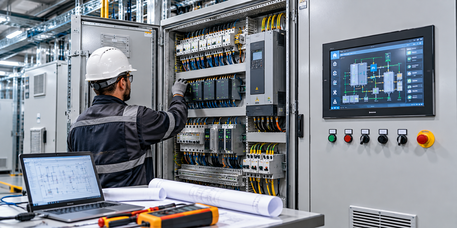 Tecnico che ispeziona un quadro elettrico in un impianto industriale con un laptop e un monitor