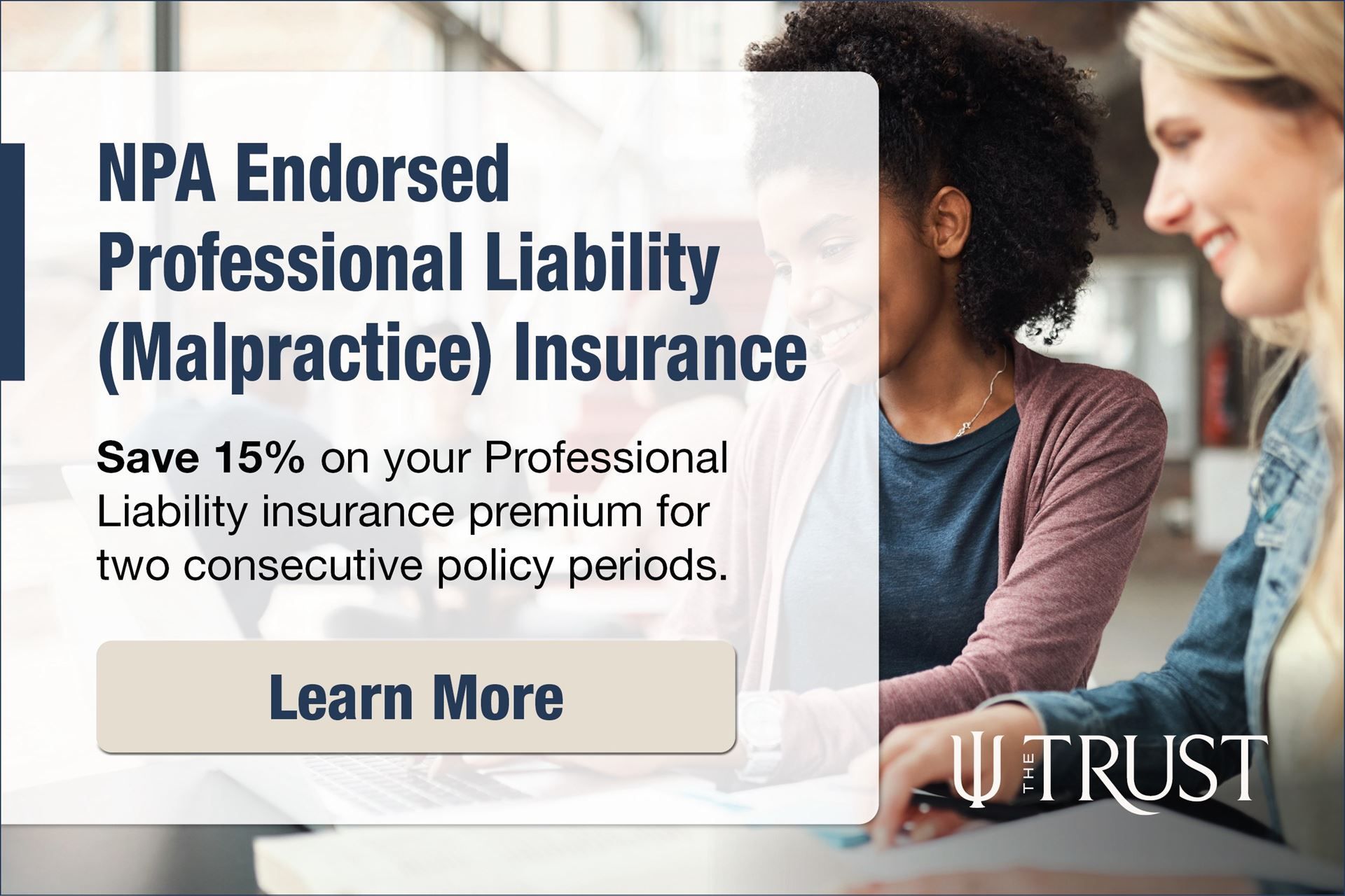 NPA endorsed malpractice insurance ad with “Learn More” button over office scene