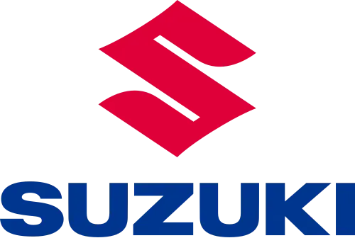 Logo Suzuki con una S stilizzata rossa sopra la scritta SUZUKI blu su sfondo bianco.