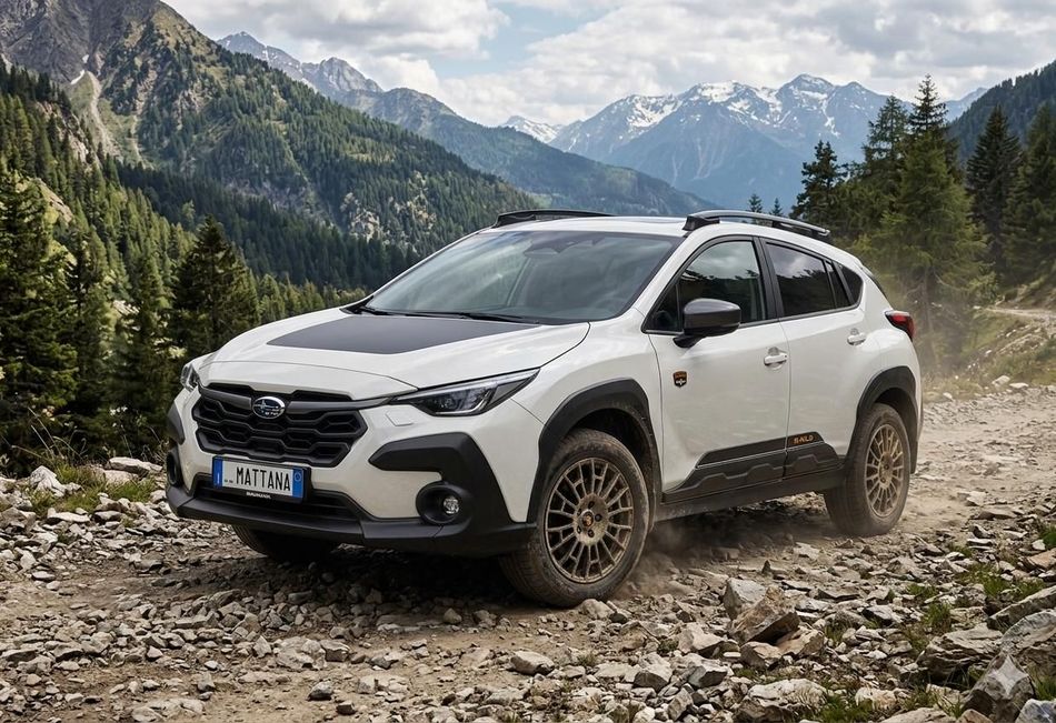 Un SUV Subaru color argento che percorre una strada sterrata sollevando polvere.