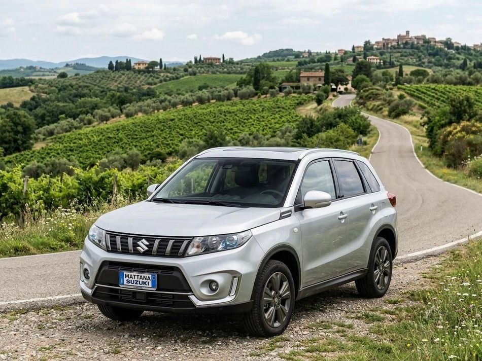 Suzuki Hybrid hatchback blu in una concessionaria, vista laterale con grande logo Suzuki bianco.