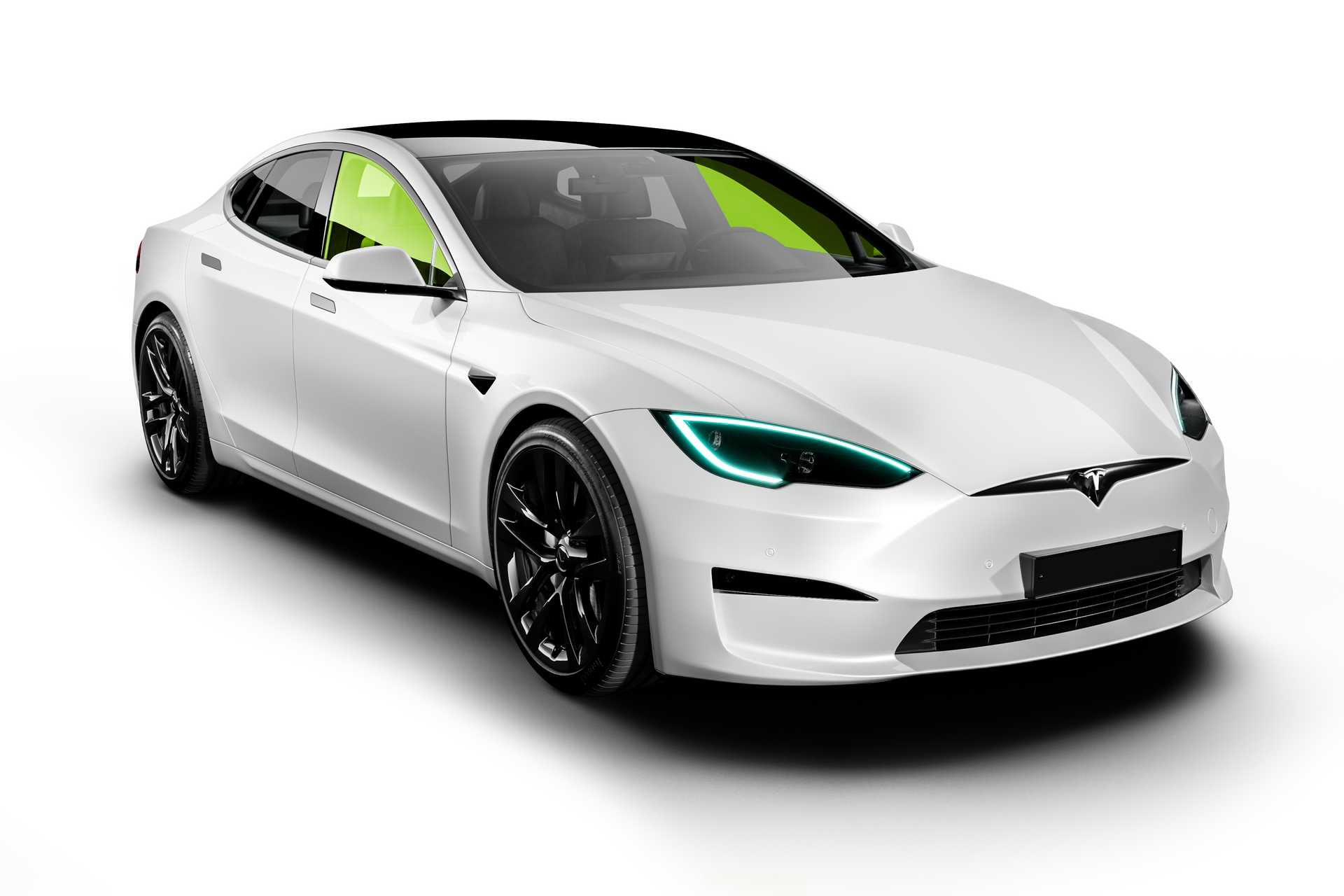 A white tesla model s with front 2 window tint on windows.