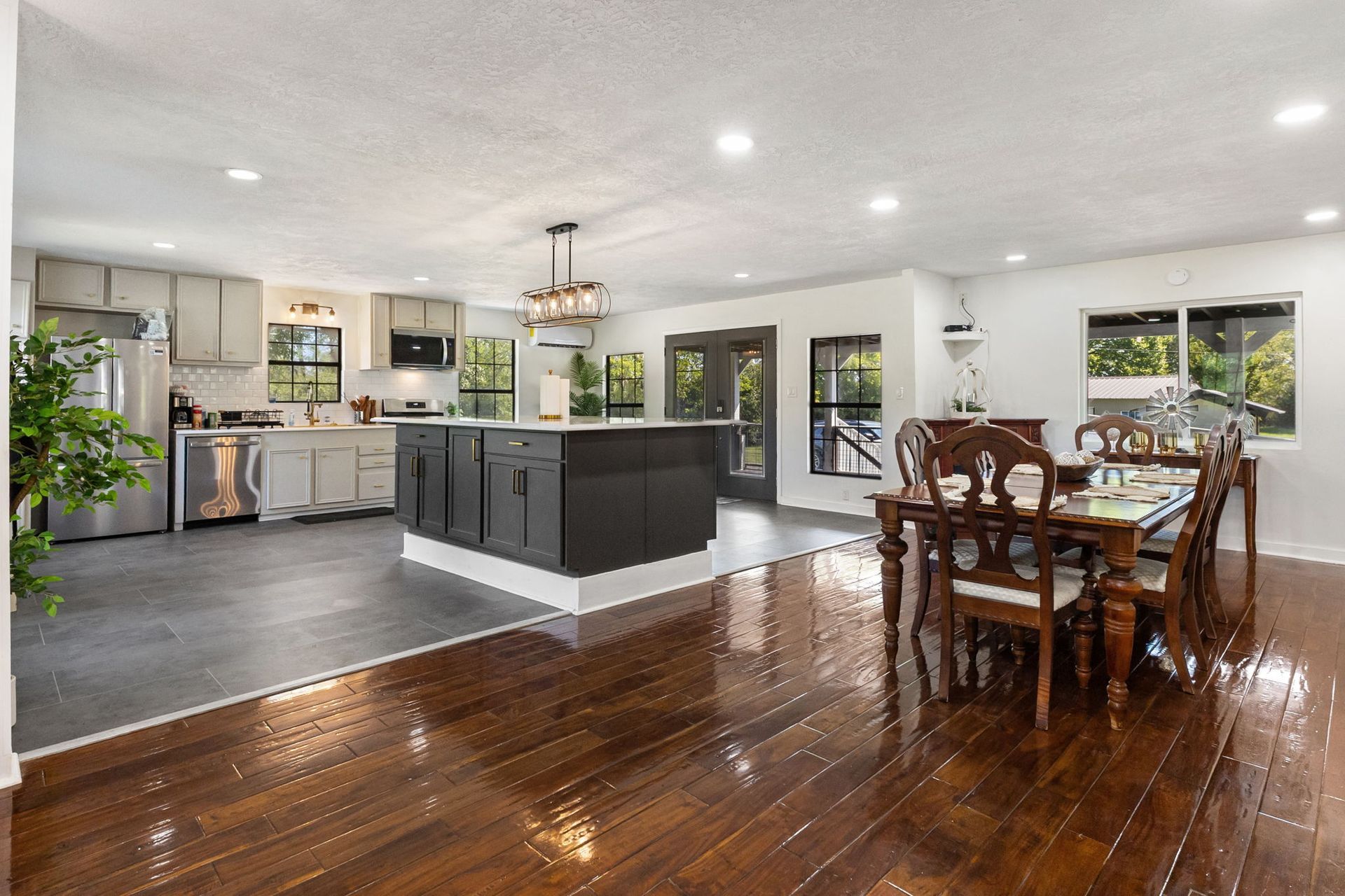 Open kitchen and dining area with large island