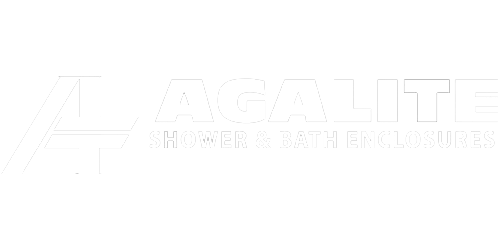 A white logo for agalite showers and bathtubs on a white background.