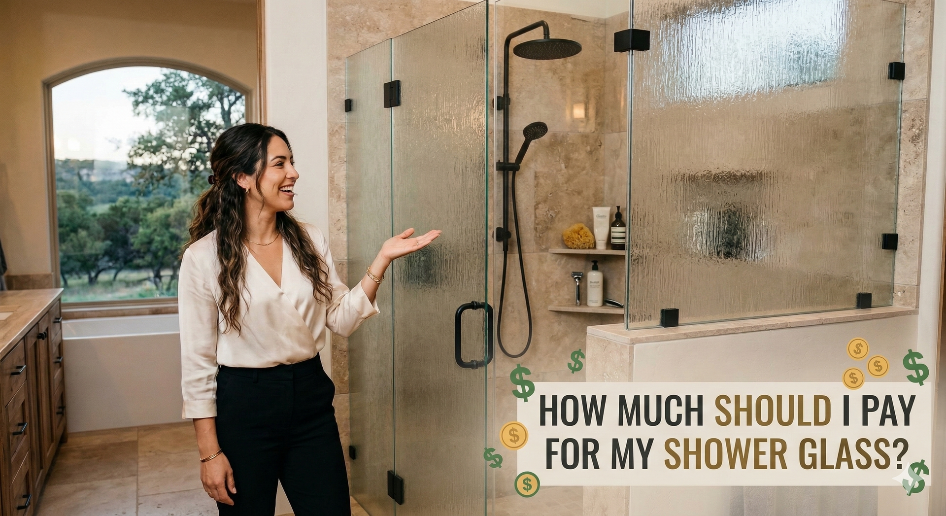 Women standing in bathroom next to rainglass shower enclosure