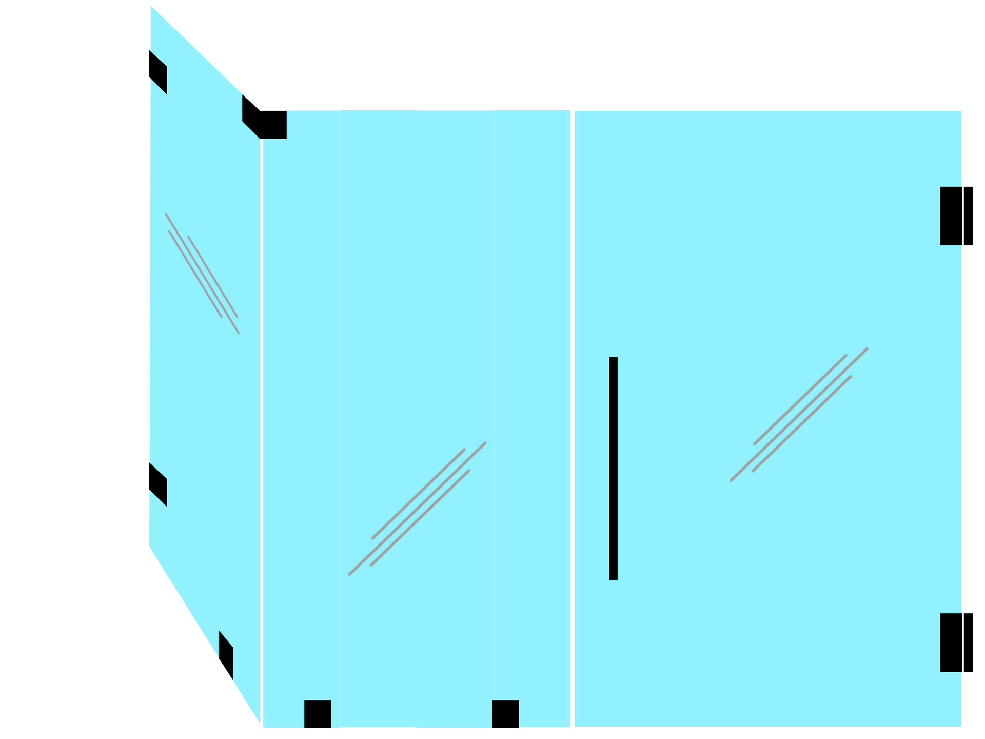 A drawing of a glass shower door with a handle.