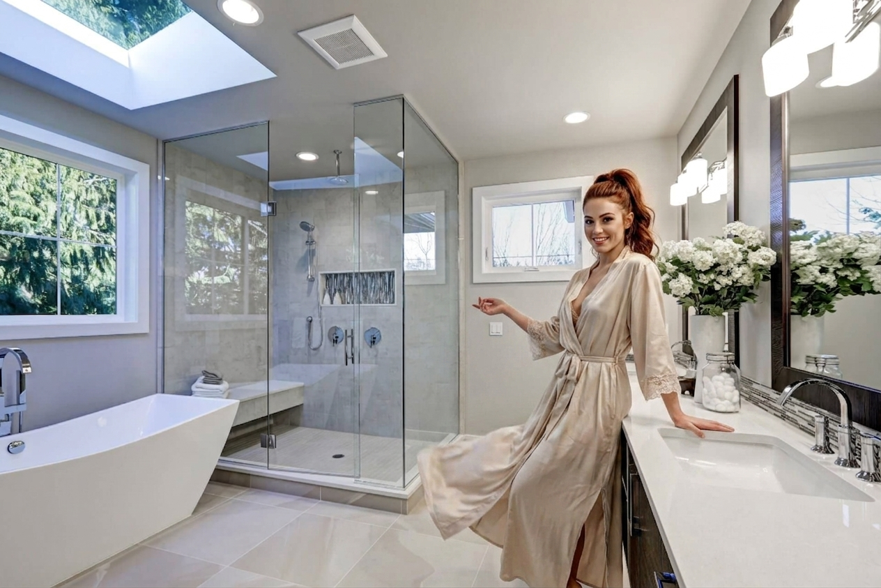 Woman posing in a bright modern bathroom with a glass shower and vanity mirror.