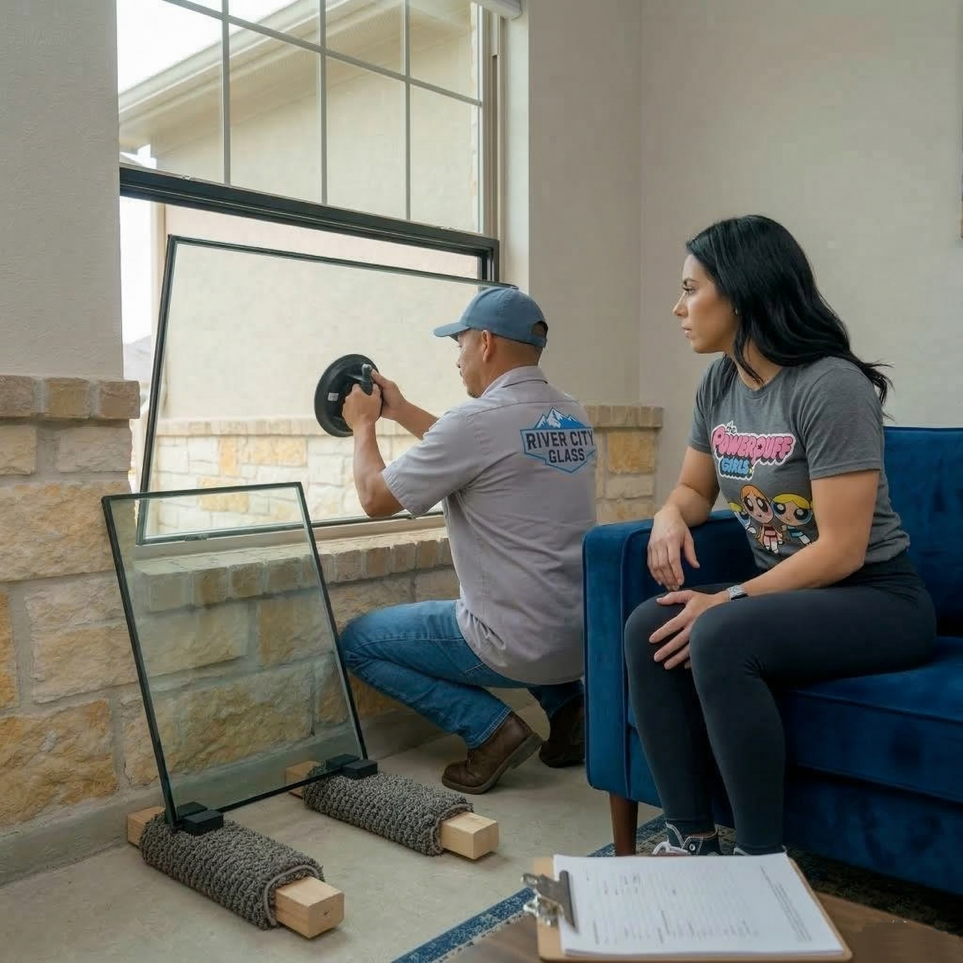 RCG Glazier installing window glass unit into residential window while homeowner watches