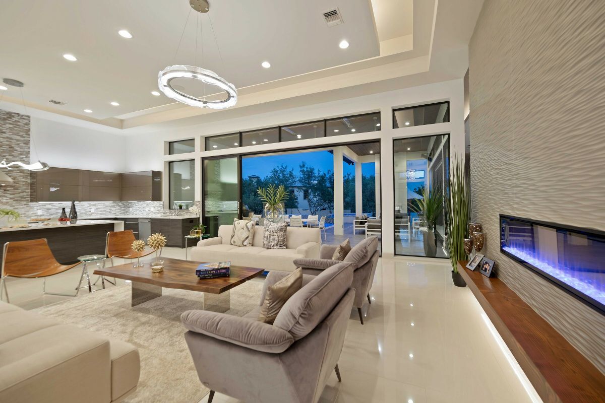 A living room with a fireplace and a couch