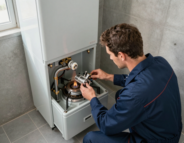 Technician servicing an open boiler unit with tools in a tiled utility room