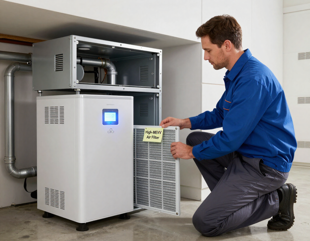 Technician kneeling beside a white HVAC unit, inspecting its removable filter in a utility room