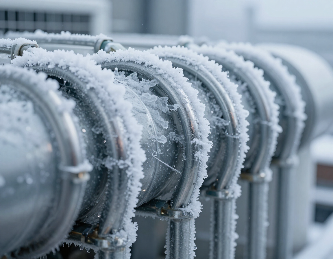 Frost-covered industrial pipes and fittings in a cold, gray outdoor setting