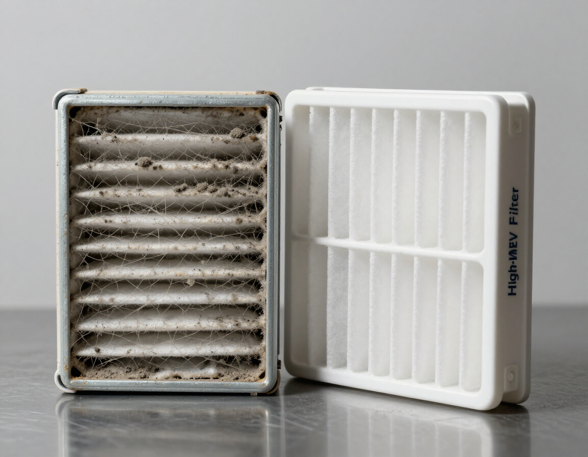 Dirty used air filter beside a clean white filter on a gray surface