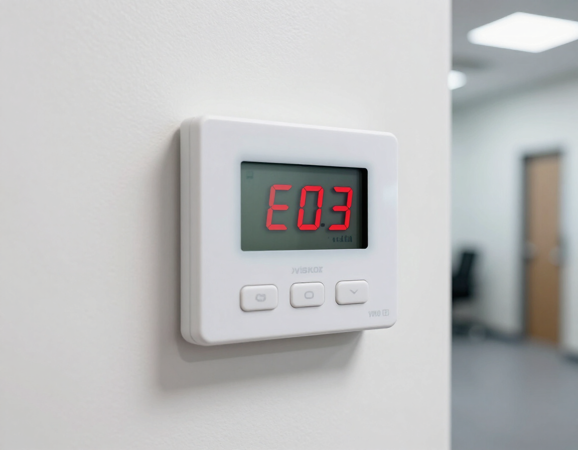Wall thermostat display showing “E03” with red digits in a hallway.