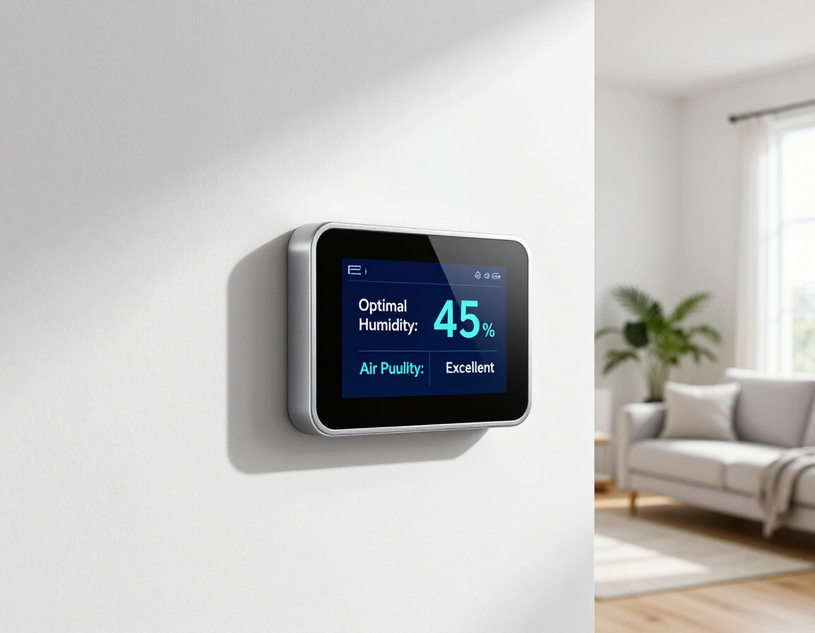 Smart thermostat on a white wall showing 45°F, with a bright living room in the background.