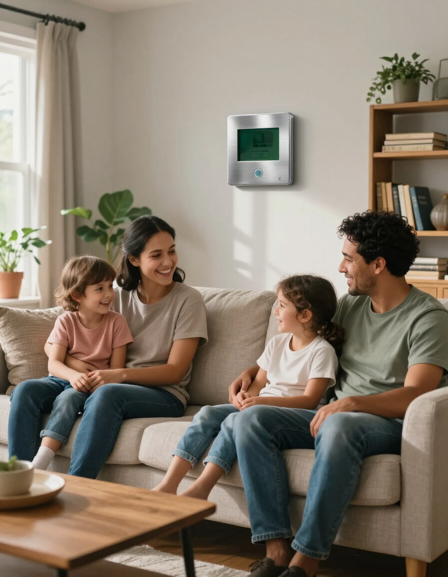 Family sitting on a beige sofa in a bright living room, smiling and chatting near a wall-mounted thermostat