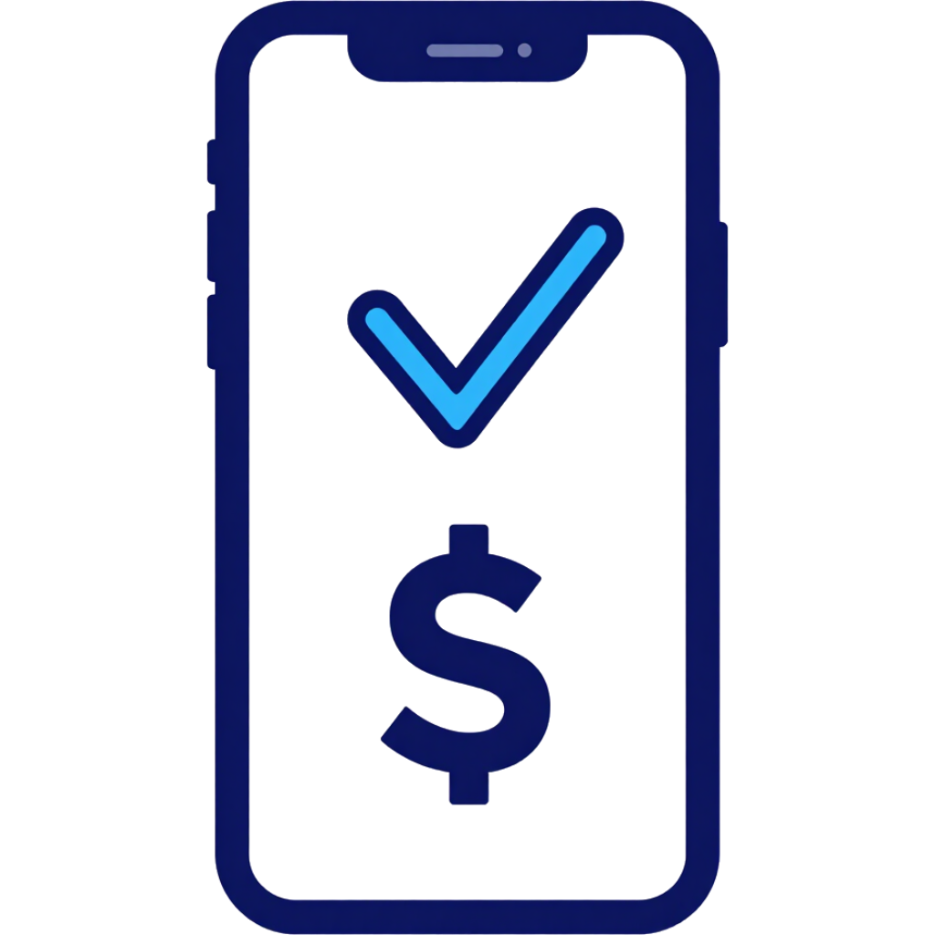 Blue smartphone icon with a check mark and dollar sign on the screen