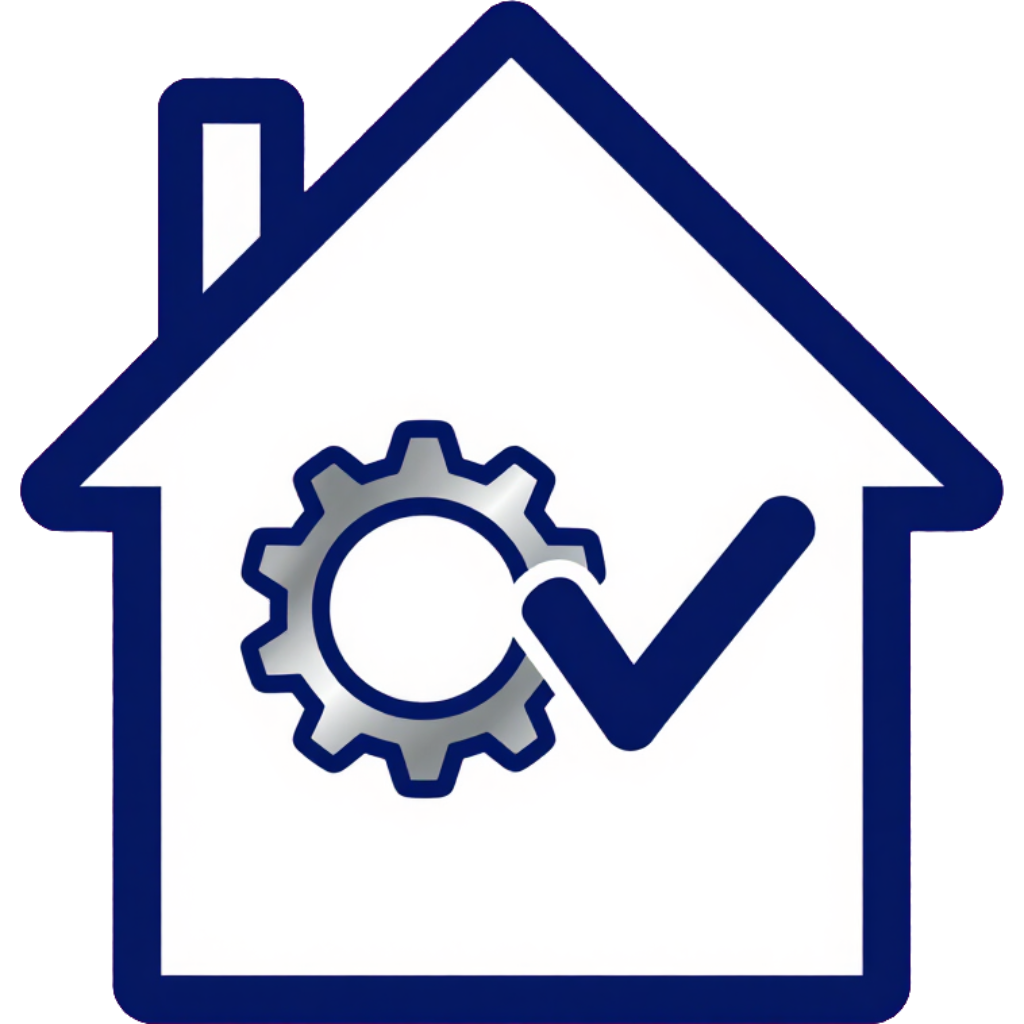 Blue outline house icon with gear and checkmark, suggesting home settings or maintenance approval