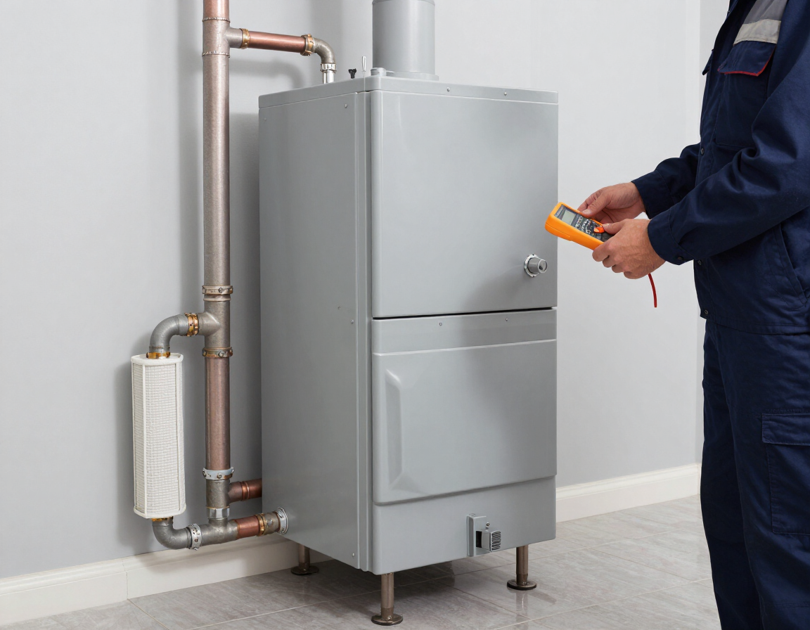 Technician servicing a residential gas furnace and heating system in a home mechanical room