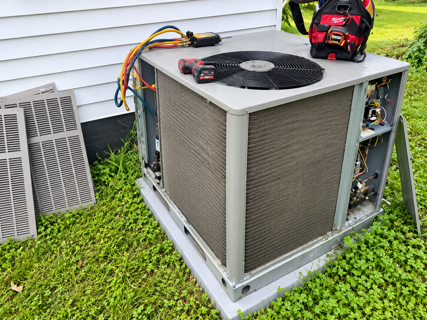 Outdoor HVAC unit with fan and refrigerant hoses attached, sitting on grass beside a house.