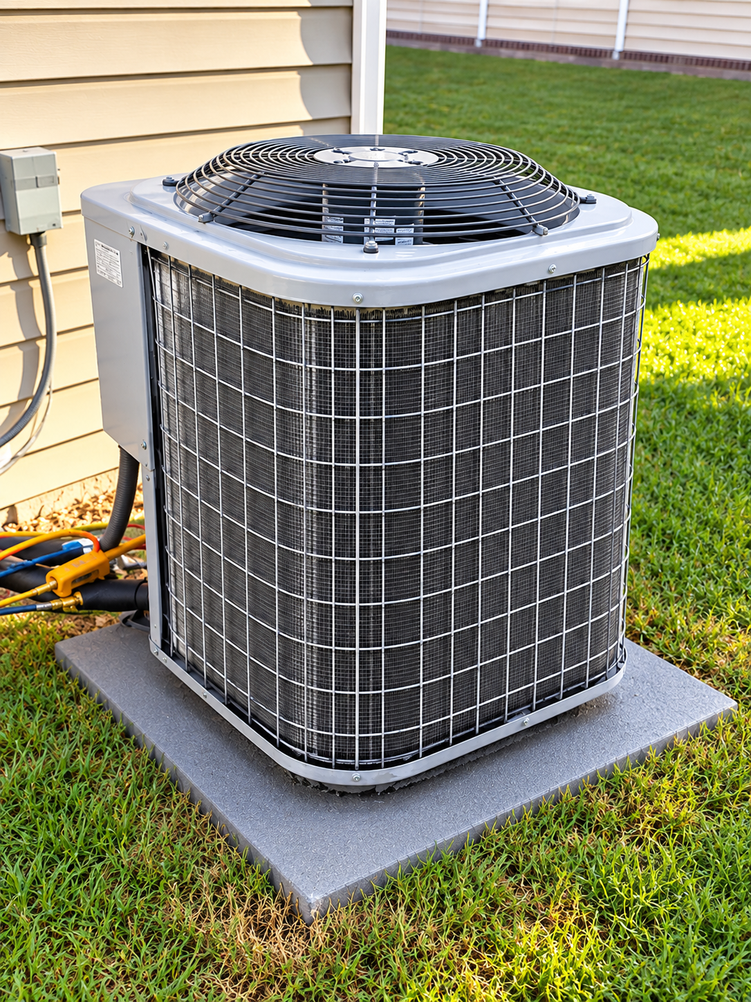Outdoor central air conditioner unit on a concrete pad beside a house and grassy yard.