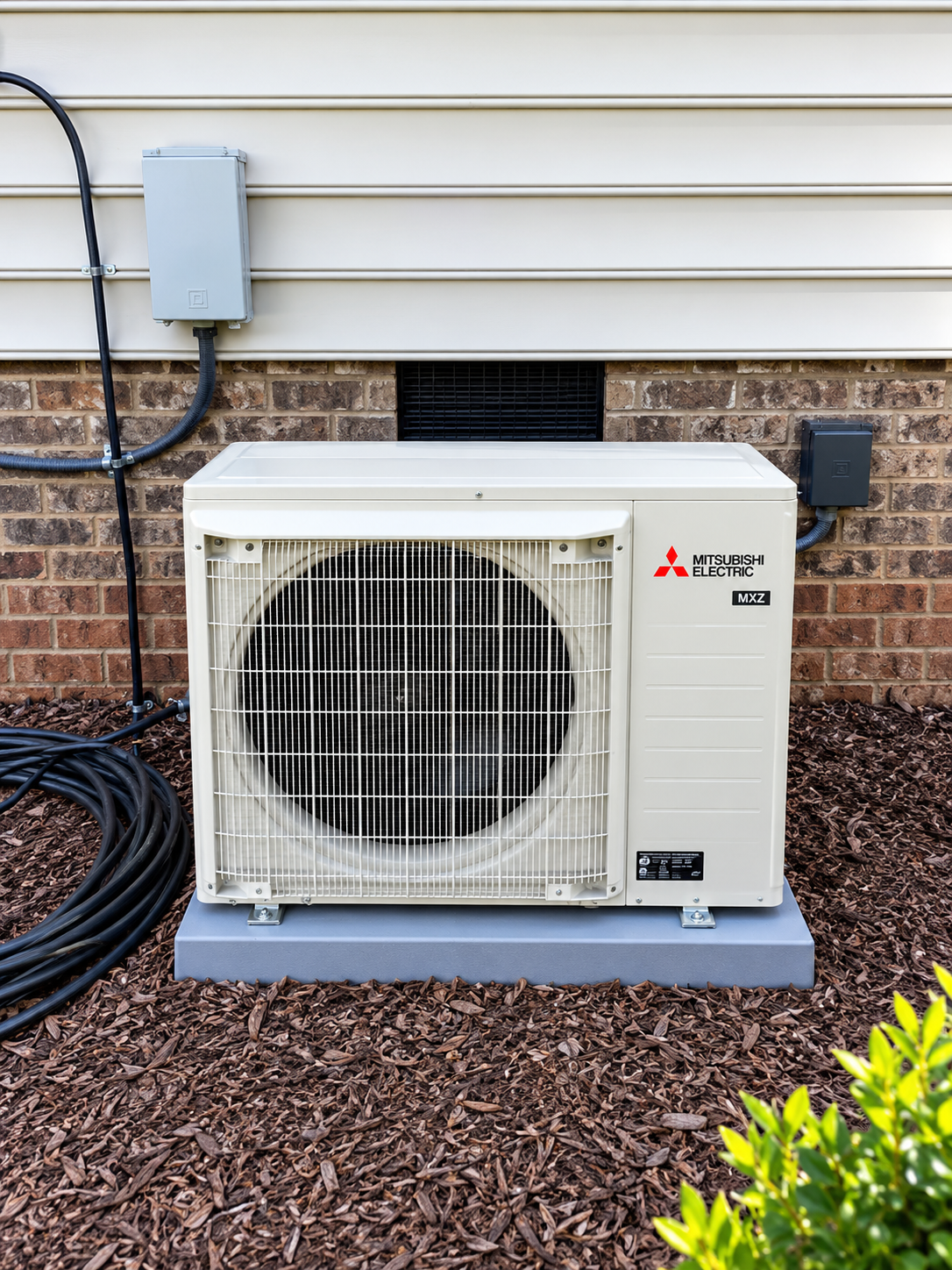 Outdoor Mitsubishi mini-split AC unit beside house siding and brick wall, with utility box and cables nearby