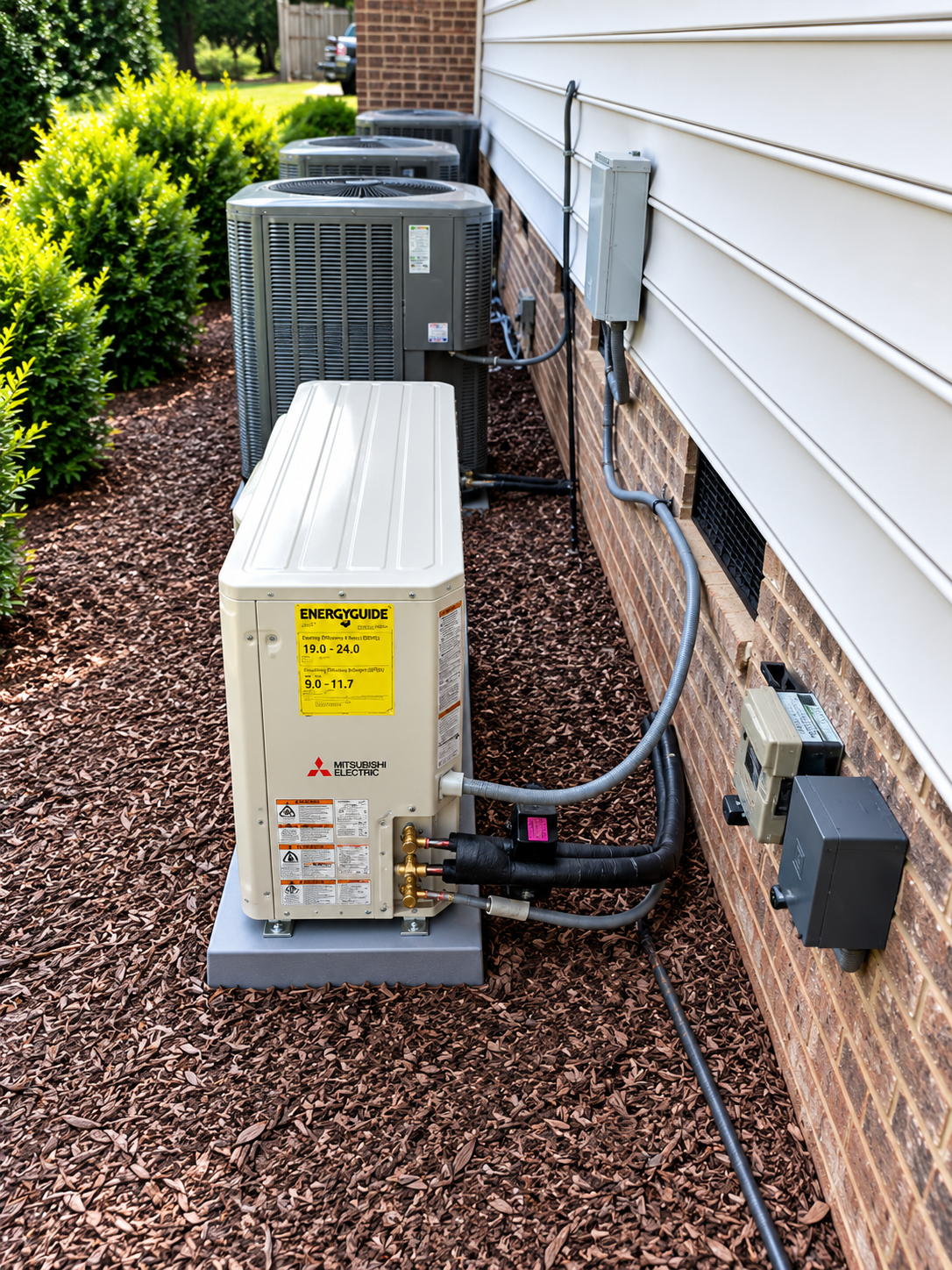 Outdoor HVAC units beside a brick house with white siding and visible electrical conduit.