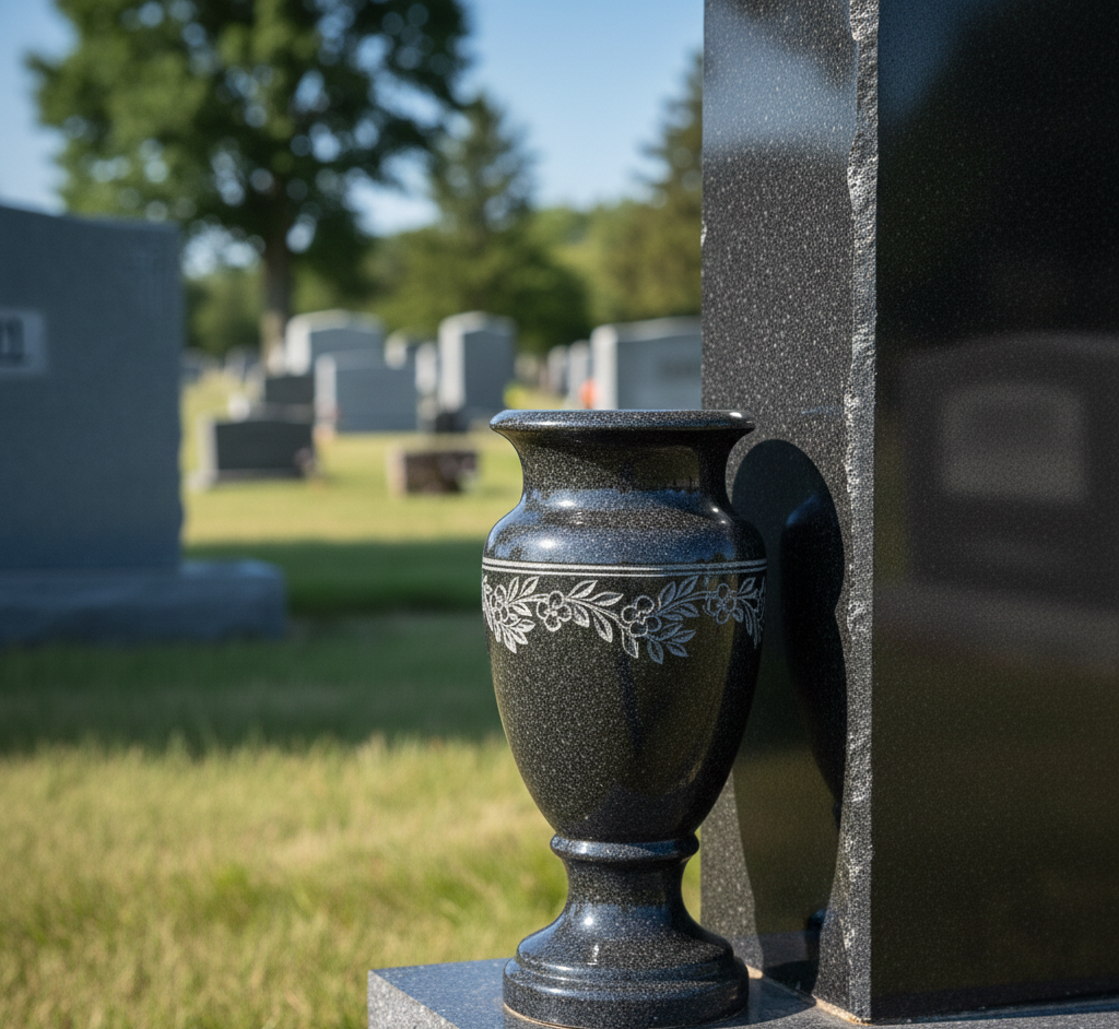 Black vase with floral design, resting on a tombstone in a cemetery.