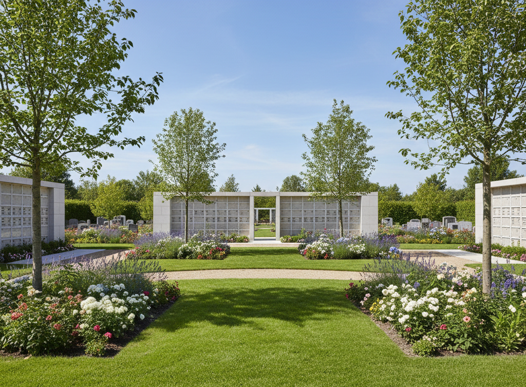 Well-manicured cemetery with manicured lawn, flowers, stone walls, and trees under a blue sky.
