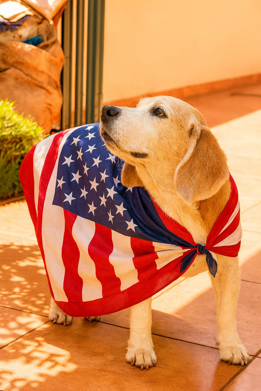 Beagle dog wearing an American flag, looking upwards. Outdoors, in the sunlight.