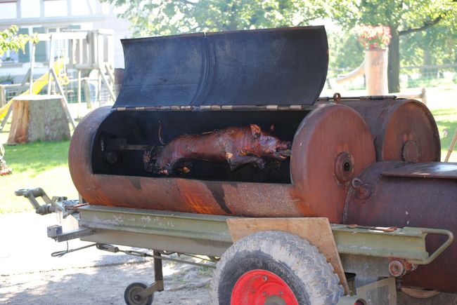 Auf einem Anhänger wird auf einem Grill ein Schwein gegrillt