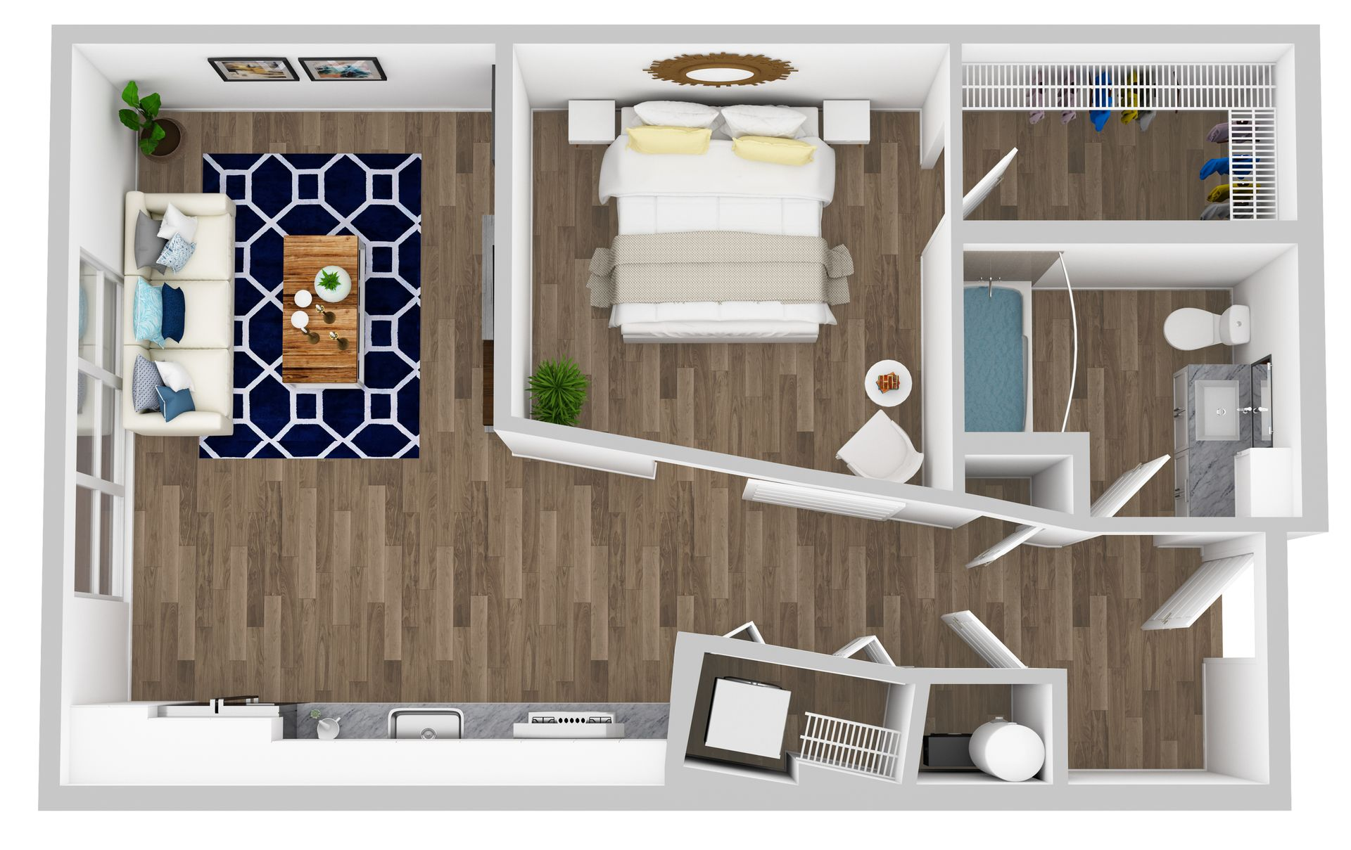 Top-down floor plan of a small apartment with bedroom, living area, kitchen, and bathroom.
