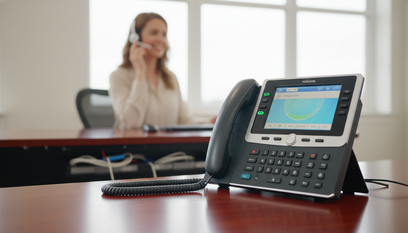 Office desk with a conference phone in the foreground and a blurred person on a phone call in the background