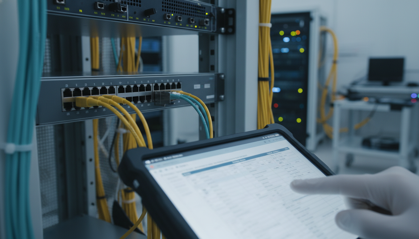 Technician using a tablet in a server room, inspecting network cables and equipment.