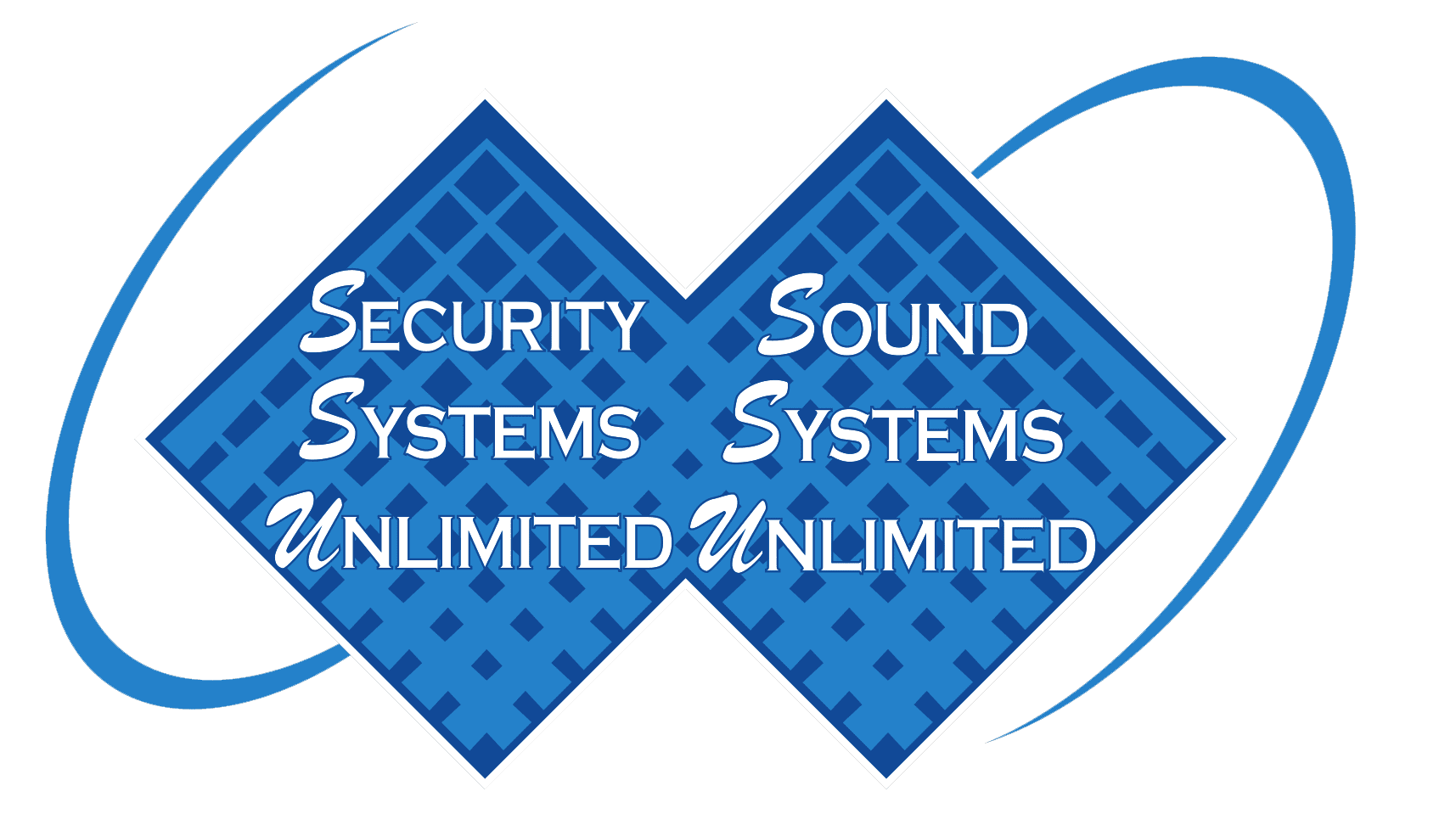 Blue Security Systems Unlimited and Sound Systems Unlimited logo with overlapping diamond shapes and swooshing oval lines