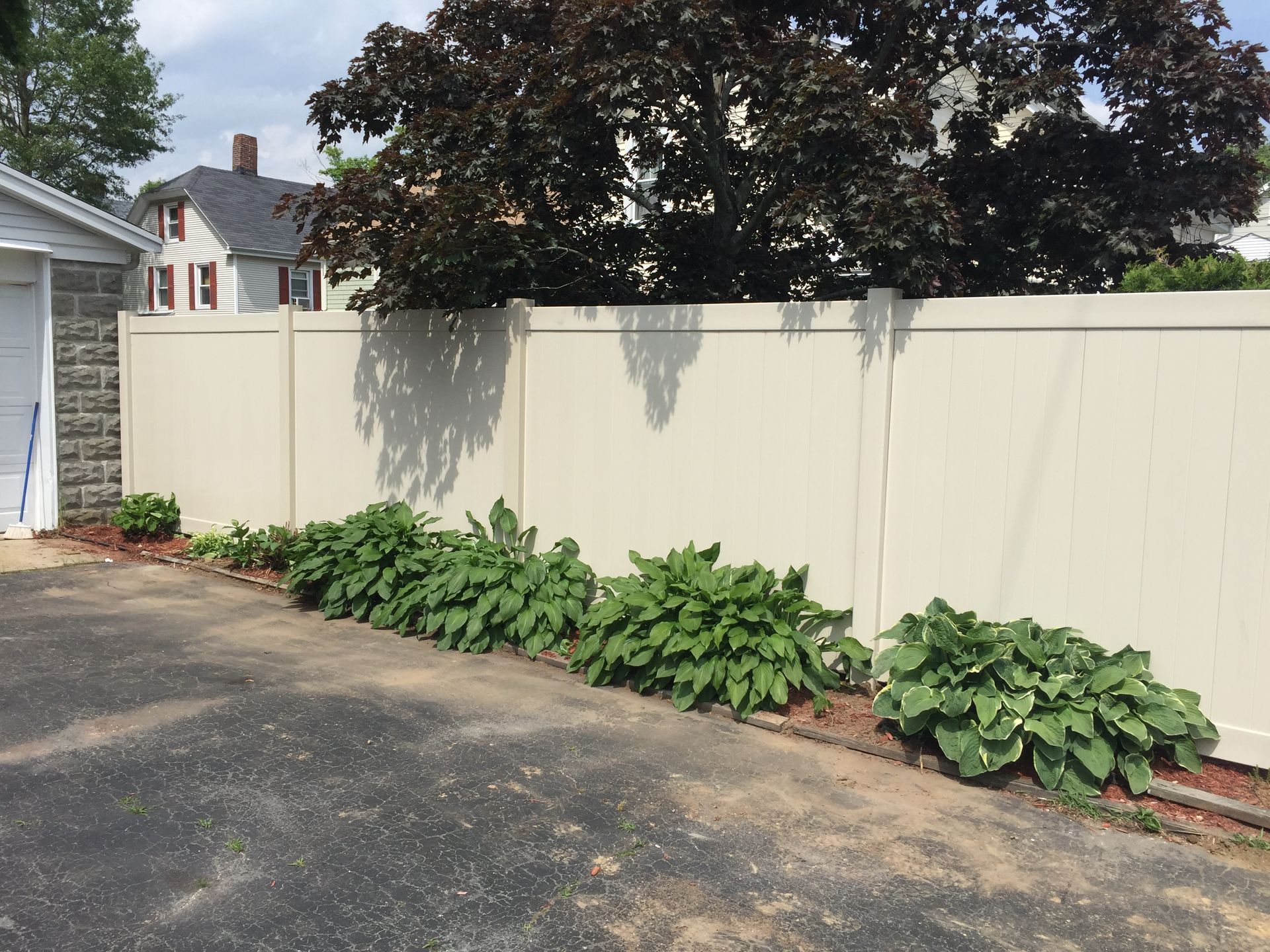 A white fence is surrounded by plants and trees