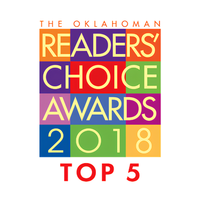 Oklahoma Readers’ Choice Awards 2018 badge with colorful blocks and “Top 5” text