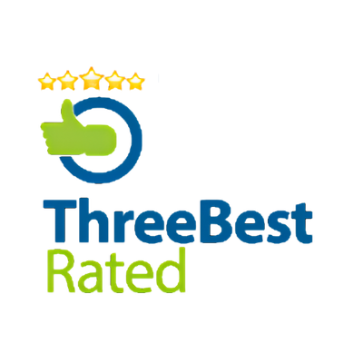 ThreeBestRated logo with five gold stars and a green thumbs-up icon on a blue circle