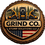 Wooden stump logo for Grind Co. Stump Solutions LLC with orange stump grinders and U.S. flag.