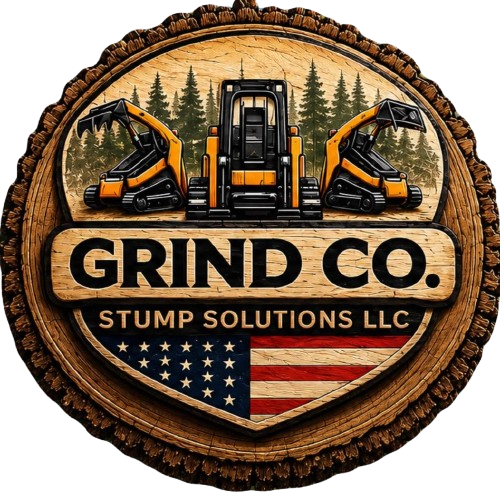 Wooden stump logo for Grind Co. Stump Solutions LLC with orange stump grinders and U.S. flag.