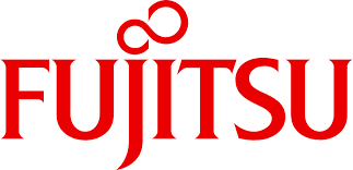 Fujitsu logo in red, featuring the word