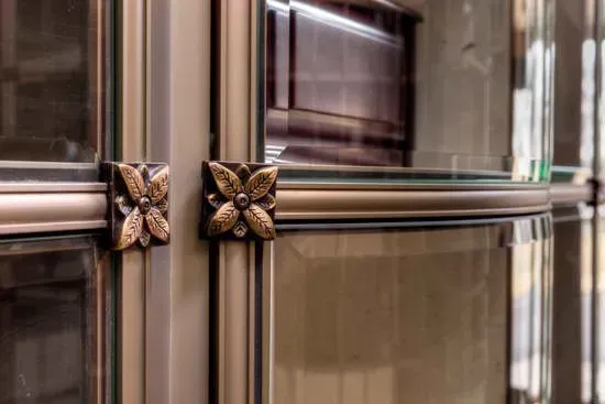 Close-up of ornate metal window bars and reflective glass panels in a brown-toned facade