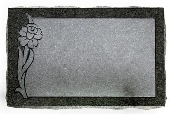 Gray rectangular plaque with a black flower design on the left and a dark textured border